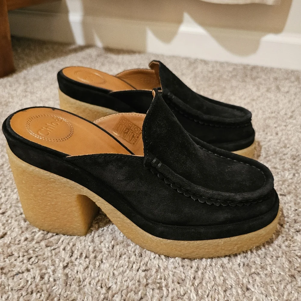 Chloé Black Suede Mules with Cream Crepe Platform - Picture 7 of 12